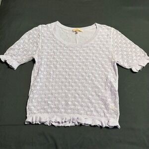 Evolutionary Girls Pointelle Knit Sweater Medium Lavender Ruffle Short Sleeve